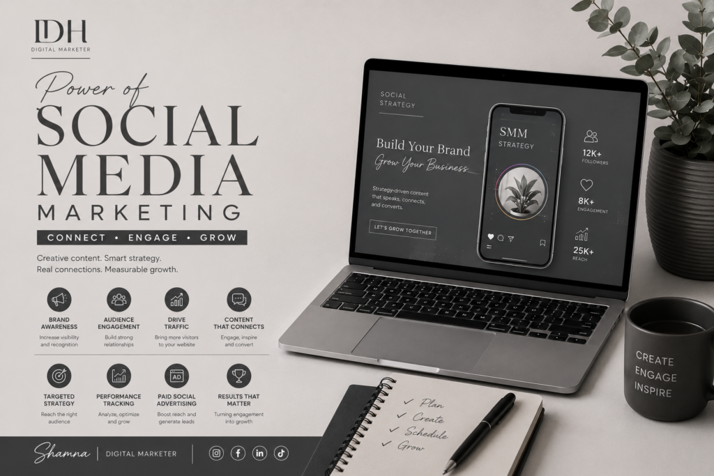 Modern social media marketing promotional poster featuring a laptop displaying a digital strategy interface alongside elegant typography, productivity accessories, and minimalist workspace decor in neutral tones.
