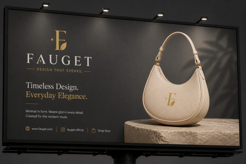 Luxury billboard advertisement featuring the FAUGET brand logo and a minimalist cream handbag displayed against a dark elegant background with gold and white typography, illuminated by modern spotlight lighting.