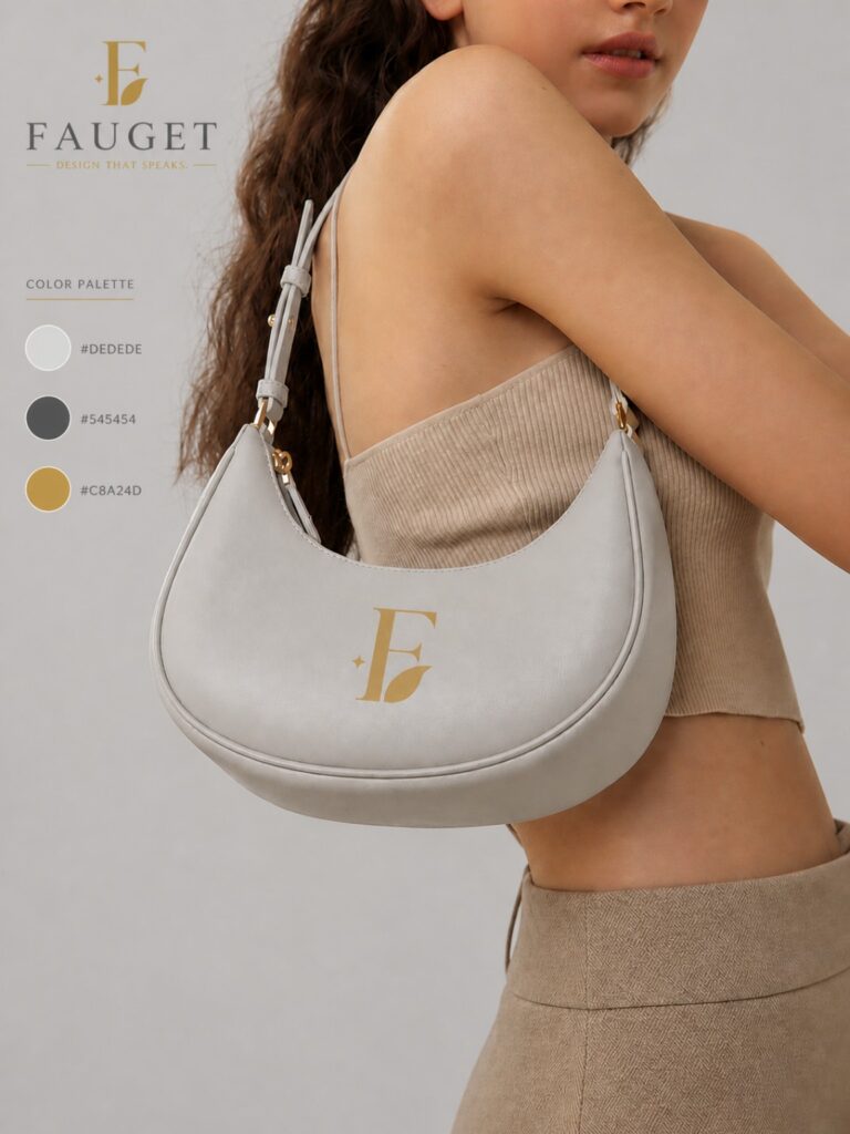 Fashion branding poster featuring a model carrying a minimalist white FAUGET shoulder bag with gold logo detailing, styled in neutral-toned clothing against a soft beige background with a modern luxury color palette display.