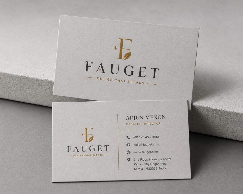 Minimal luxury business card mockup featuring the “FAUGET” logo in black and gold on textured white cards, displayed on a soft grey background with elegant typography and professional branding details.