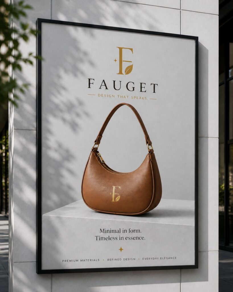 Modern luxury fashion billboard featuring a minimalist brown leather handbag with elegant gold branding displayed against a clean white background in an outdoor architectural setting with soft natural shadows.