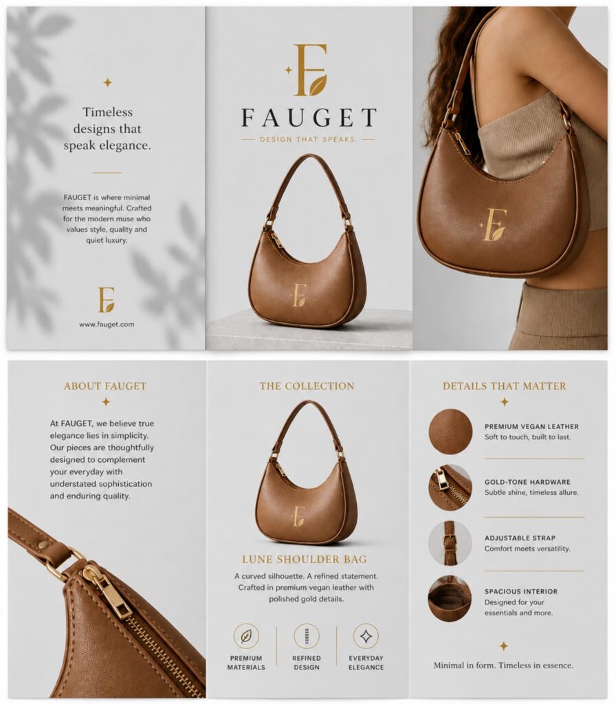 Luxury fashion brand presentation layout for FAUGET featuring elegant brown shoulder bags, minimalist editorial design, premium product details, lifestyle photography, and sophisticated neutral-toned branding panels.