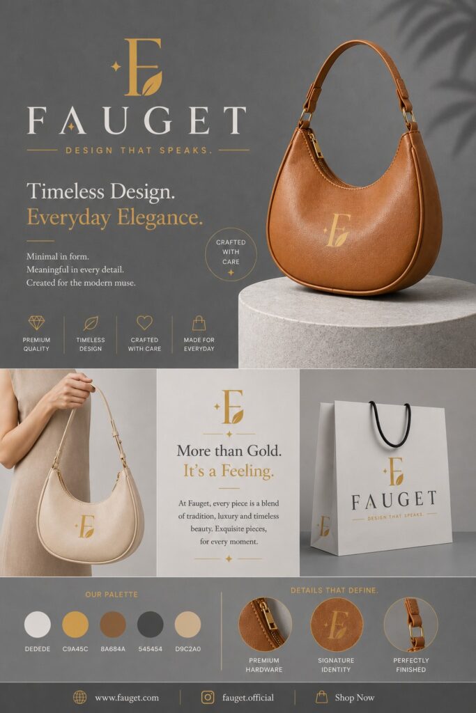 Luxury brand presentation collage for FAUGET featuring elegant handbag advertisements, premium packaging design, brand color palette, product close-ups, and minimalist promotional layouts in warm neutral tones.