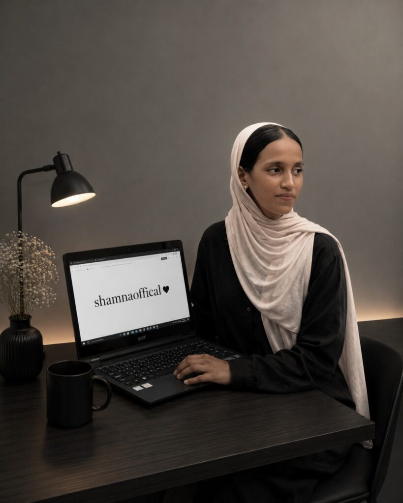 A woman wearing a beige hijab and black outfit sits at a dark desk beside a laptop displaying the text “shamnaofficial♥”. A desk lamp softly lights the modern workspace.