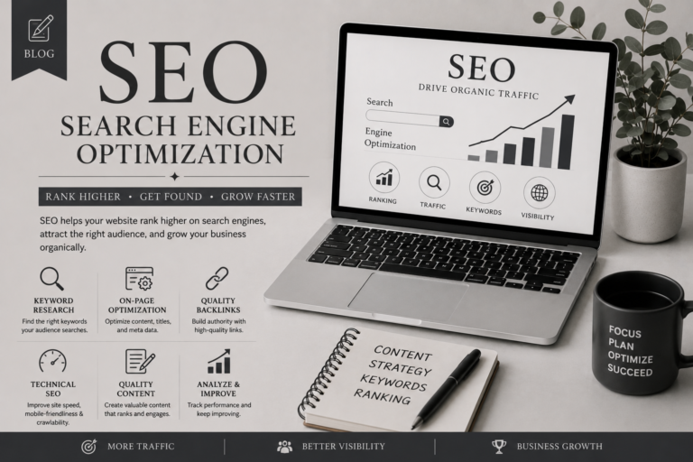 Modern SEO marketing poster featuring a laptop displaying search engine optimization analytics, growth charts, and keyword strategy visuals alongside a minimalist workspace setup with a notebook, coffee mug, and indoor plant.