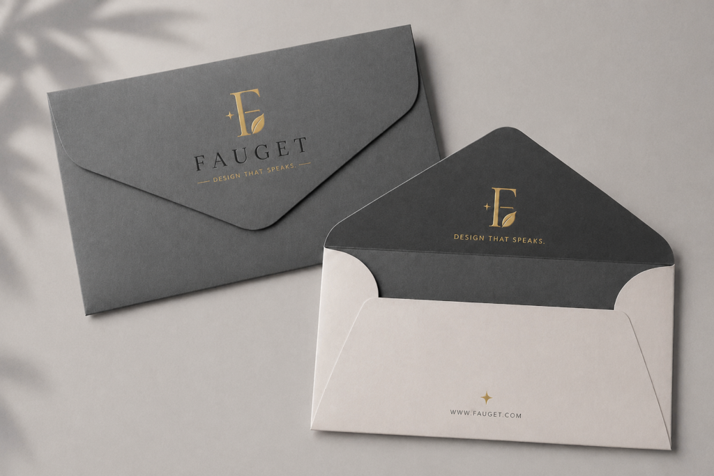 Luxury envelope branding mockup featuring a dark charcoal envelope with elegant gold foil logo and typography beside an open white-and-charcoal envelope on a soft neutral background with natural shadow lighting.